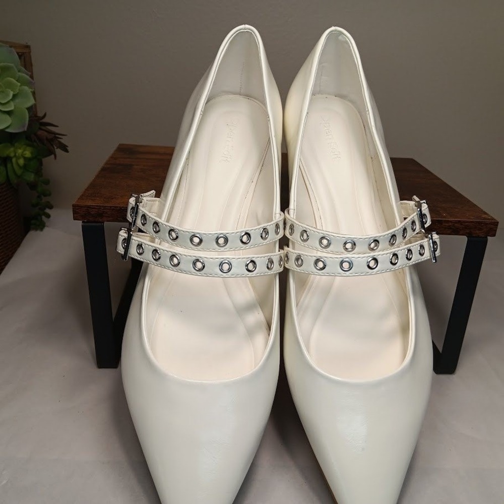 Open Edit Mary Jane Flats Womens 11 White Good Double Grommet Buckle Pointed Toe